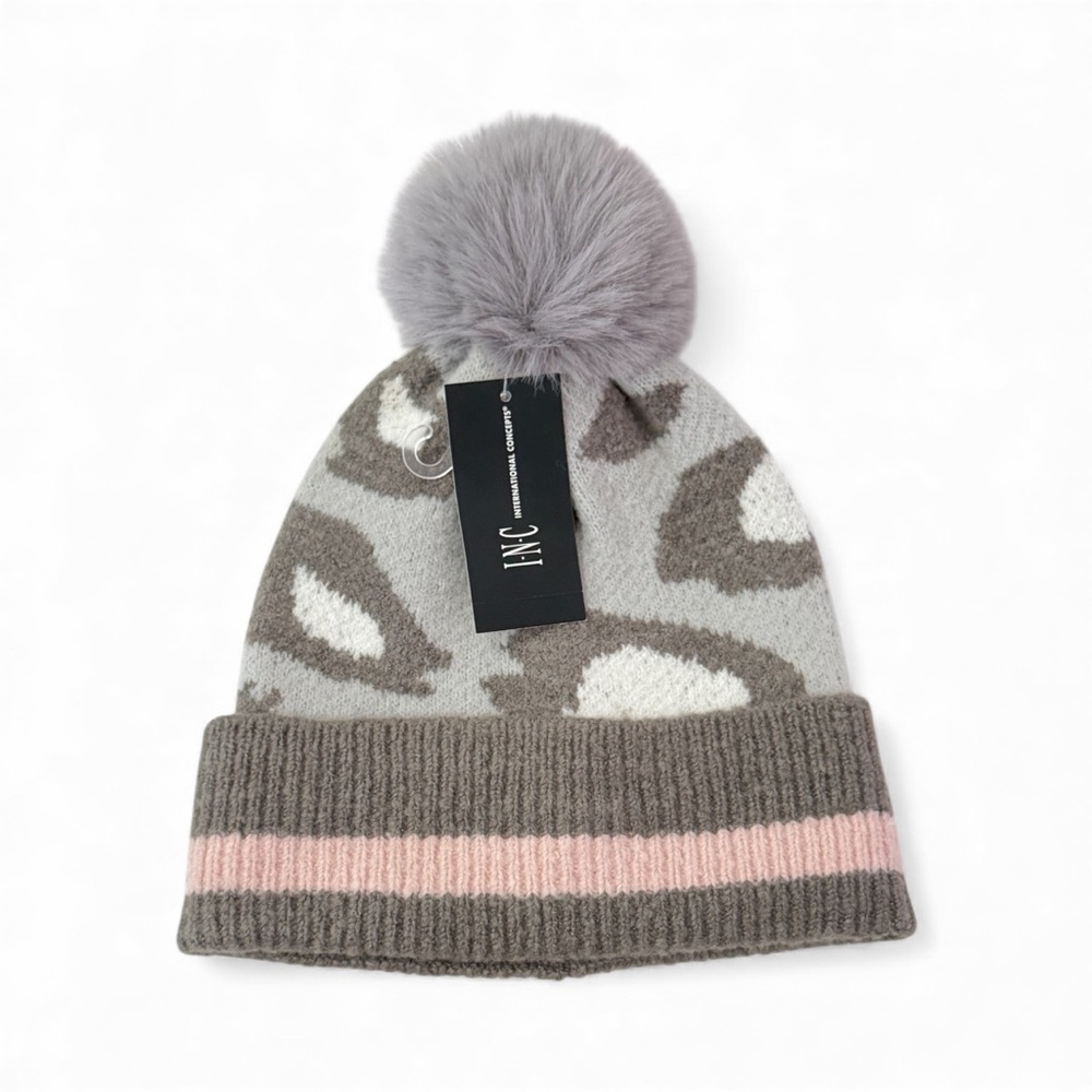 Inc International Concepts Women Gray Faux Fur Pom Animal-Print Beanie one size